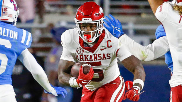 Razorbacks Raheim "Rocket" Sanders runs against Ole Miss last week
